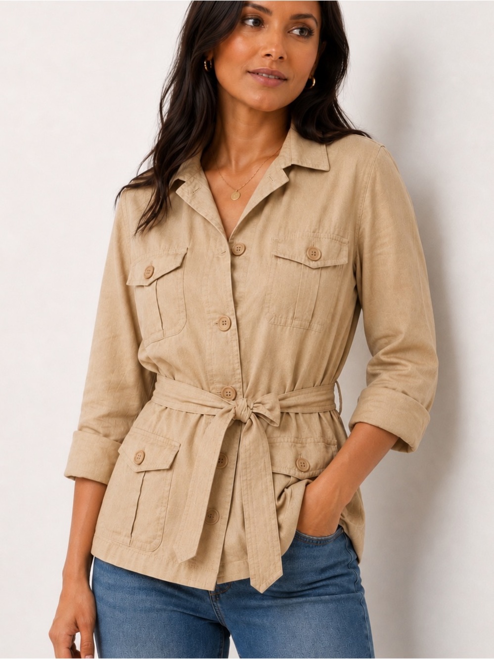 Jones New York Sport Linen Blend Safari Utility Jacket Belted Tan XL